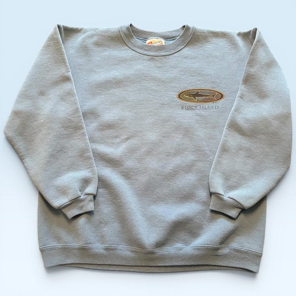 Hanes Sweatshirt Mens Medium Blue Fleece Crewneck Shark Block Island USA